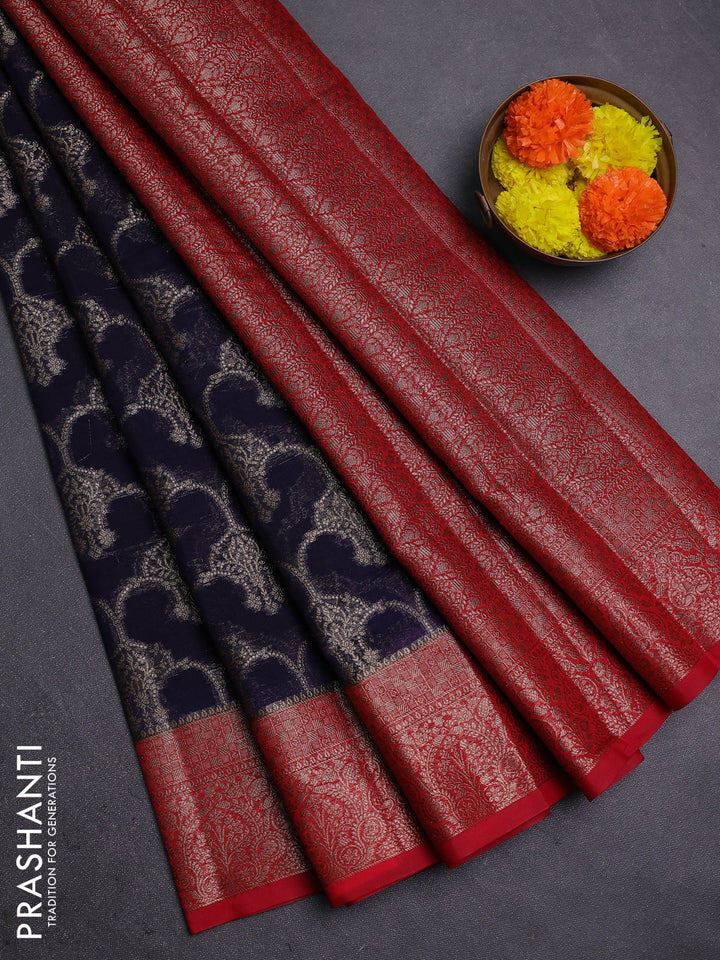 Navy Blue & Red Semi Chiniya Silk Saree