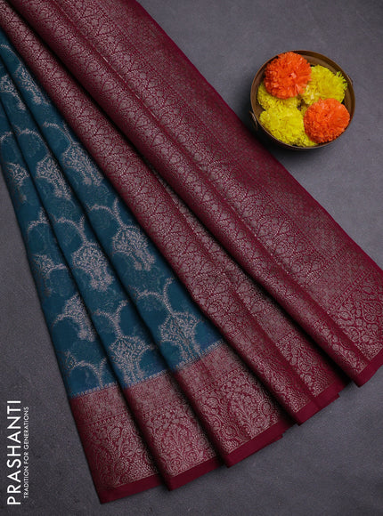 Peacock Blue & Wine Semi Chiniya Silk Saree