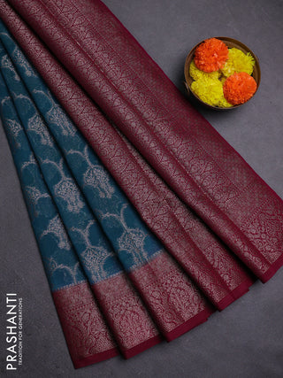 Peacock Blue & Wine Semi Chiniya Silk Saree