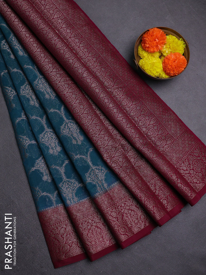 Peacock Blue & Wine Semi Chiniya Silk Saree