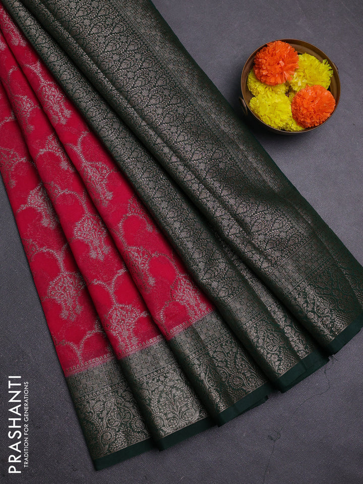 Pink & Bottle Green Semi Chiniya Silk Saree