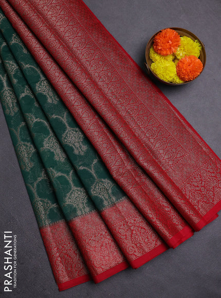 Bottle Green & Red Semi Chiniya Silk Saree