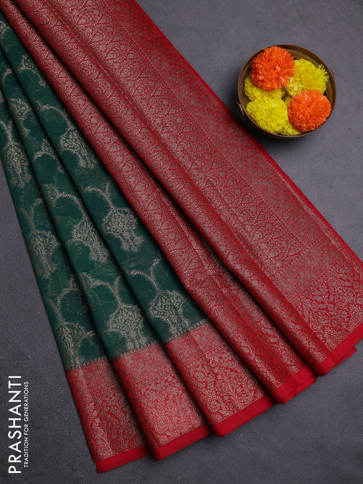 Bottle Green & Red Semi Chiniya Silk Saree