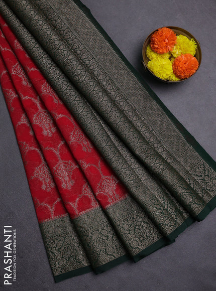 Red & Bottle Green Semi Chiniya Silk Saree