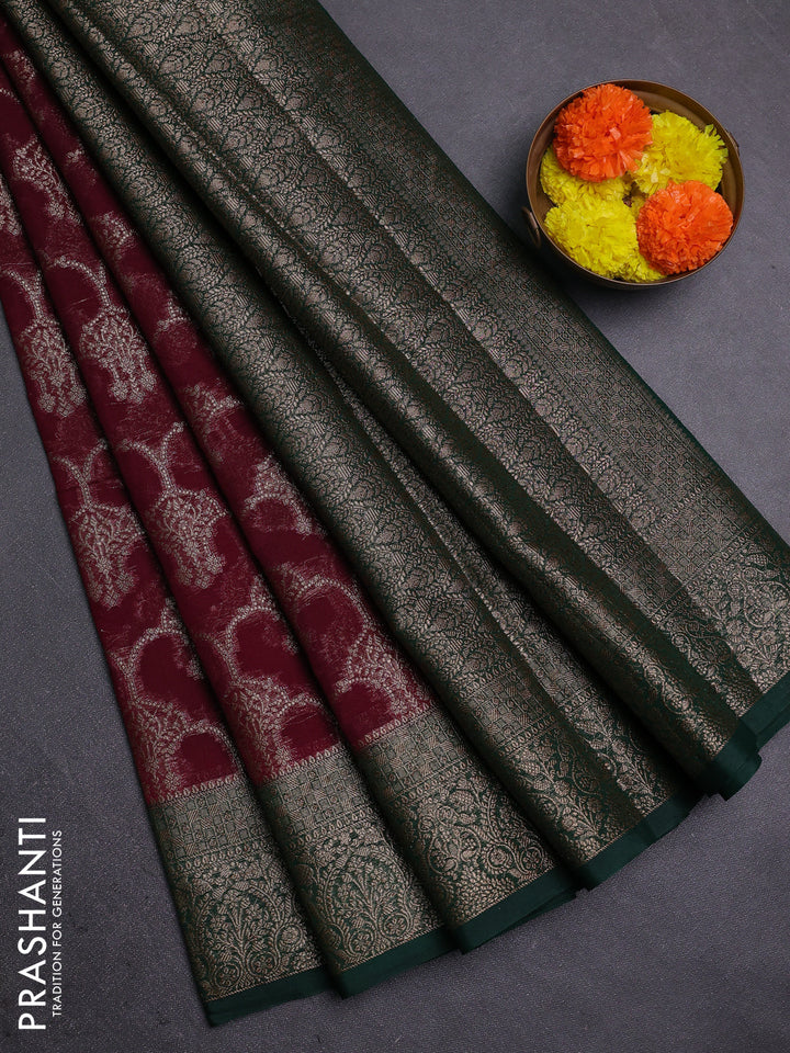 Wine & Bottle Green Semi Chiniya Silk Saree
