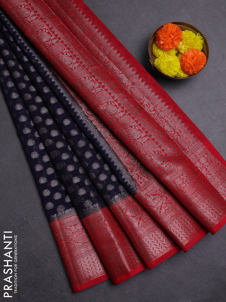 Navy Blue & Red Semi Chiniya Silk Saree