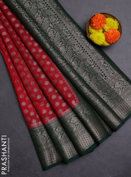Red & Bottle Green Semi Chiniya Silk Saree