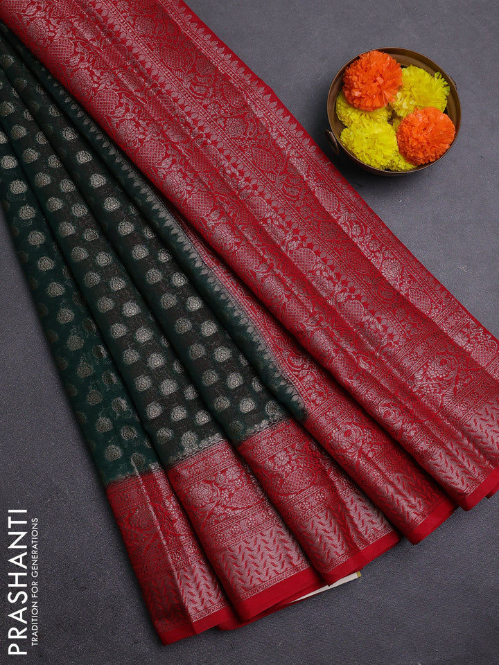 Bottle Green & Red Semi Chiniya Silk Saree