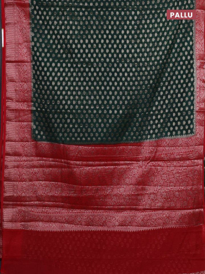 Bottle Green & Red Semi Chiniya Silk Saree