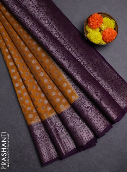 Mustard Yellow & Violet Semi Chiniya Silk Saree