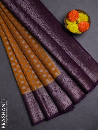 Mustard Yellow & Violet Semi Chiniya Silk Saree