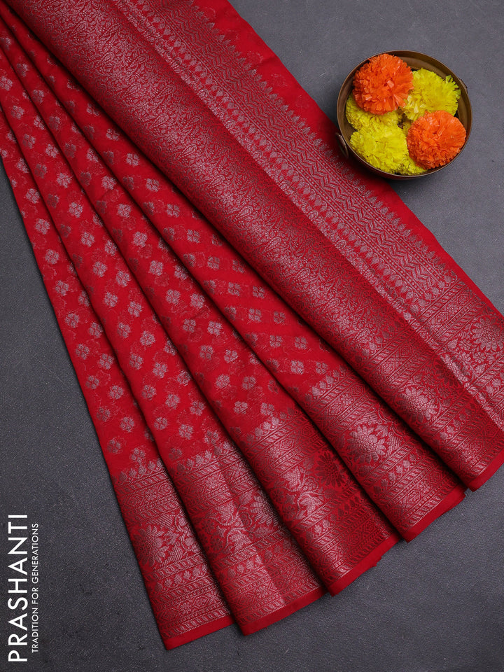 Red Semi Chiniya Silk Saree