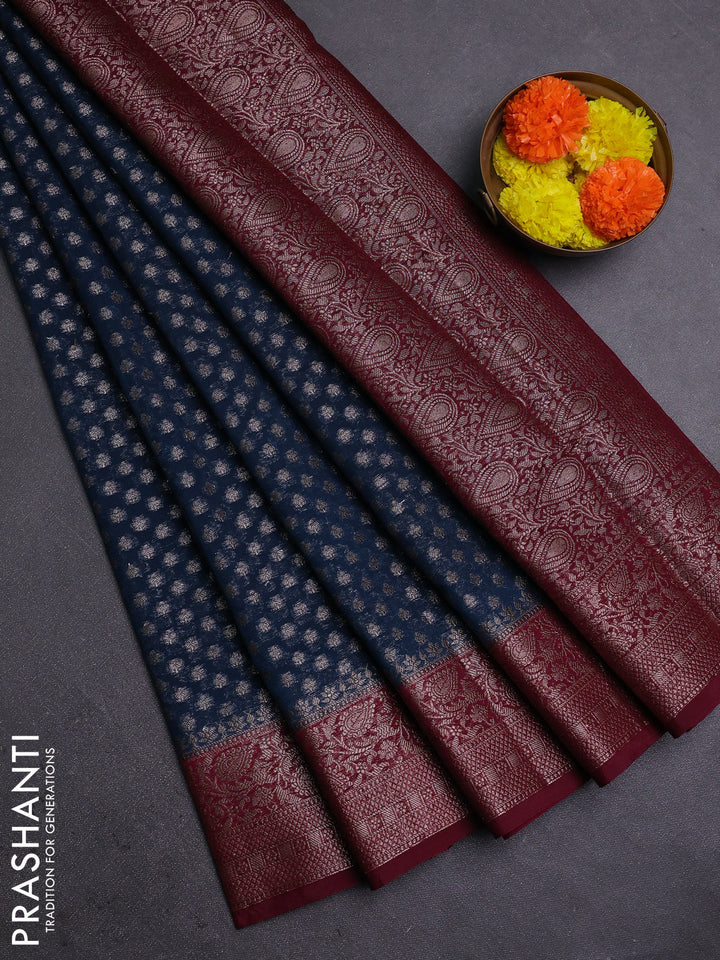 Peacock Blue & Wine Semi Chiniya Silk Saree