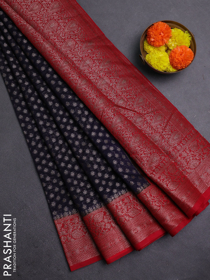 Navy Blue & Red Semi Chiniya Silk Saree