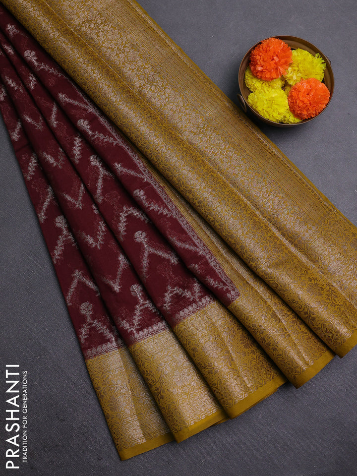 Coffee Brown & Mustard Green Semi Chiniya Silk Saree