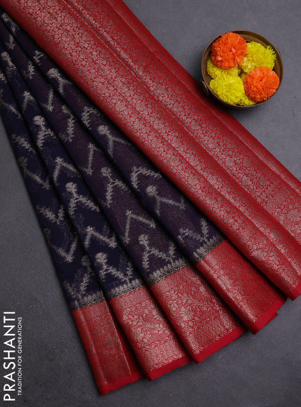 Navy Blue & Red Semi Chiniya Silk Saree