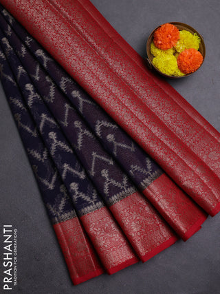 Navy Blue & Red Semi Chiniya Silk Saree