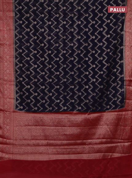 Navy Blue & Red Semi Chiniya Silk Saree