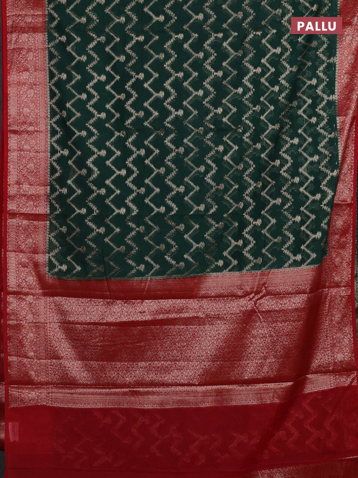 Bottle Green & Red Semi Chiniya Silk Saree