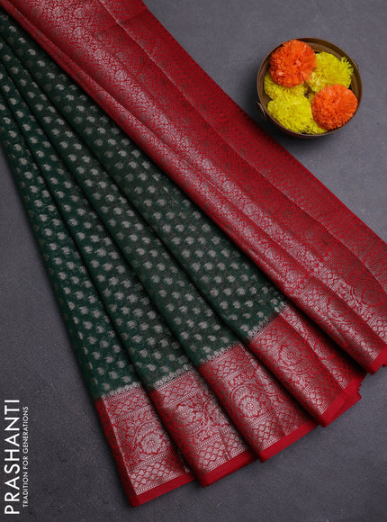 Bottle Green & Red Semi Chiniya Silk Saree