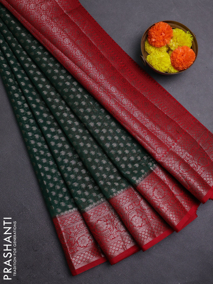Bottle Green & Red Semi Chiniya Silk Saree