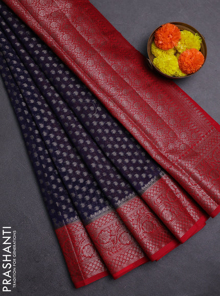 Navy Blue & Red Semi Chiniya Silk Saree