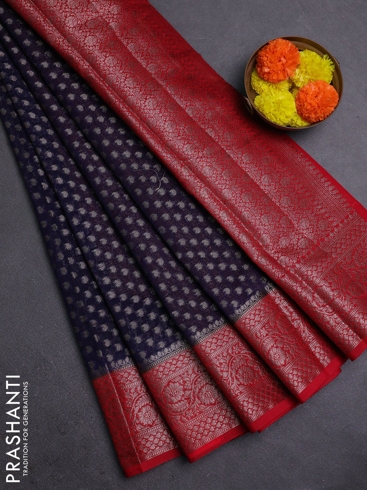 Navy Blue & Red Semi Chiniya Silk Saree