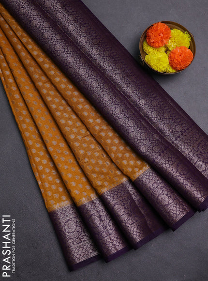 Mustard Yellow & Violet Semi Chiniya Silk Saree
