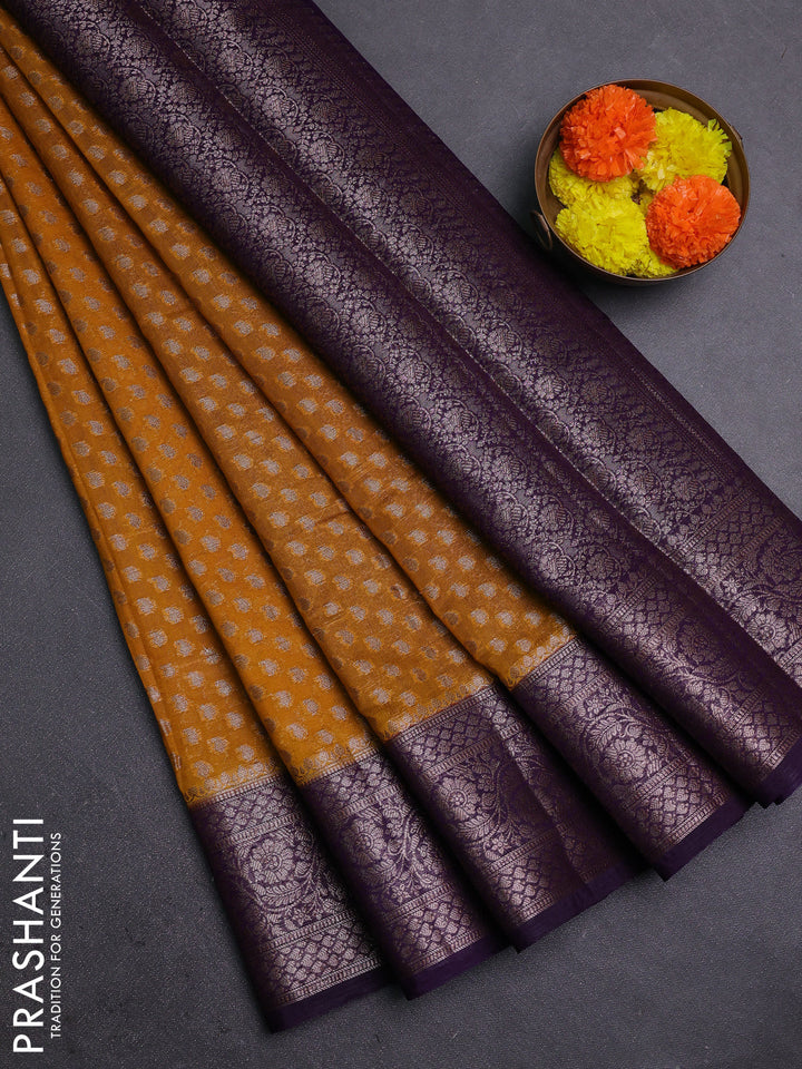 Mustard Yellow & Violet Semi Chiniya Silk Saree