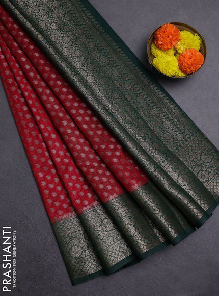 Red & Bottle Green Semi Chiniya Silk Saree