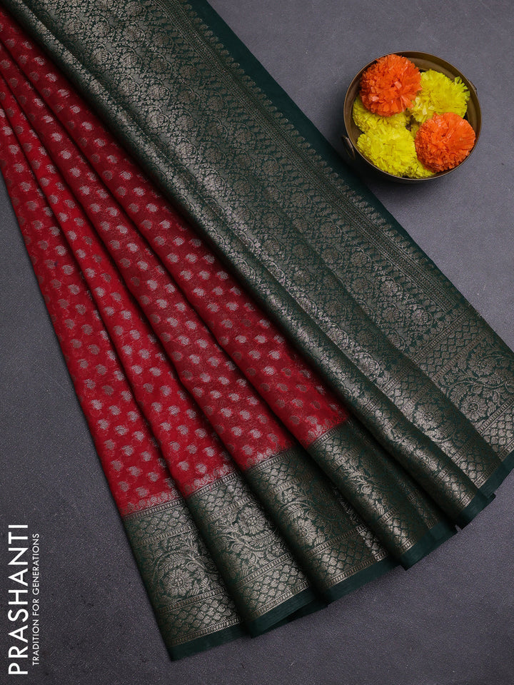 Red & Bottle Green Semi Chiniya Silk Saree