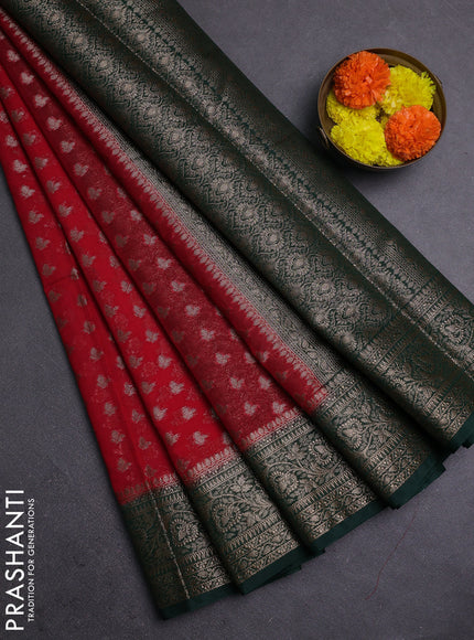 Red & Bottle Green Semi Chiniya Silk Saree