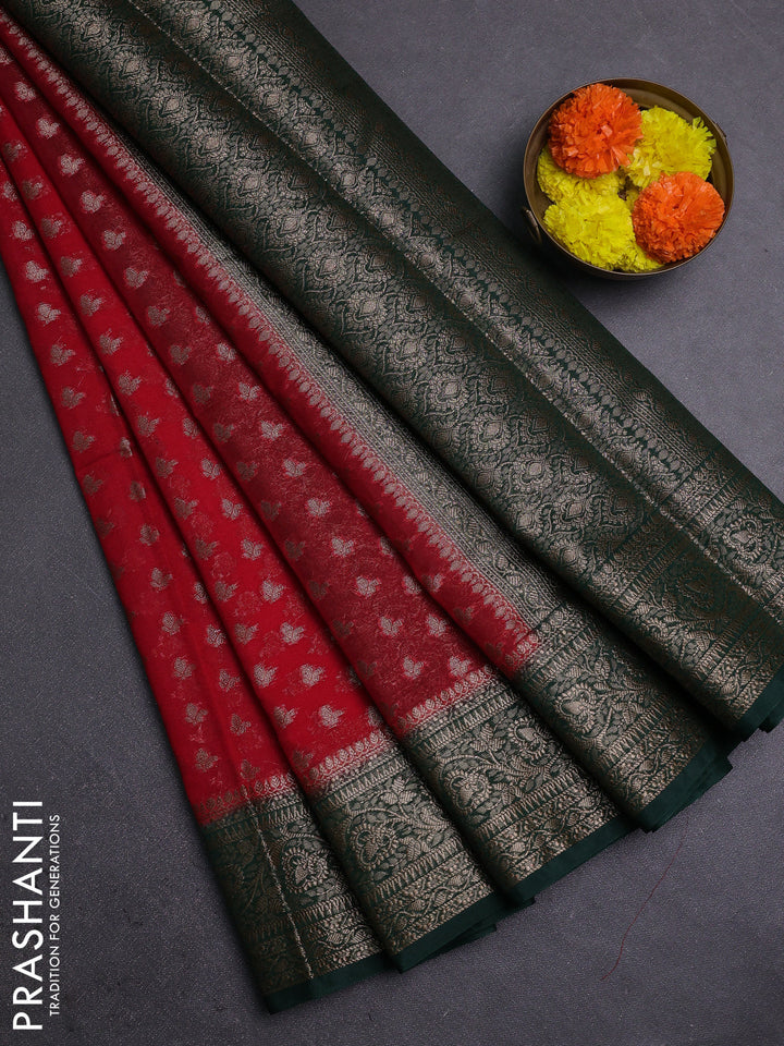 Red & Bottle Green Semi Chiniya Silk Saree