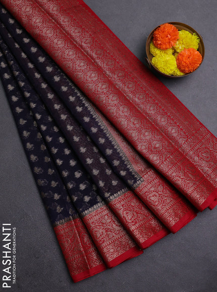 Navy Blue & Red Semi Chiniya Silk Saree