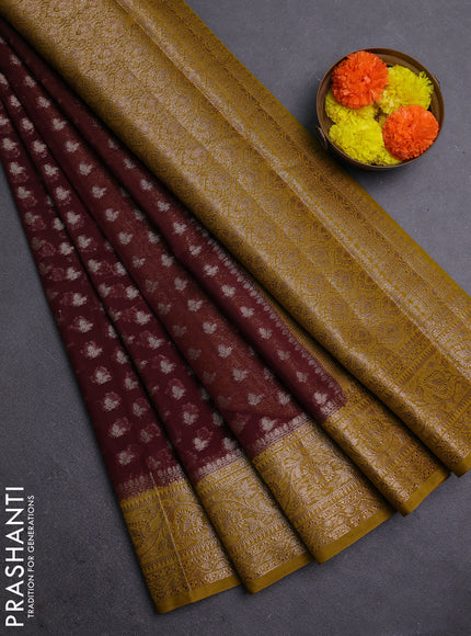 Coffee Brown & Mustard Green Semi Chiniya Silk Saree