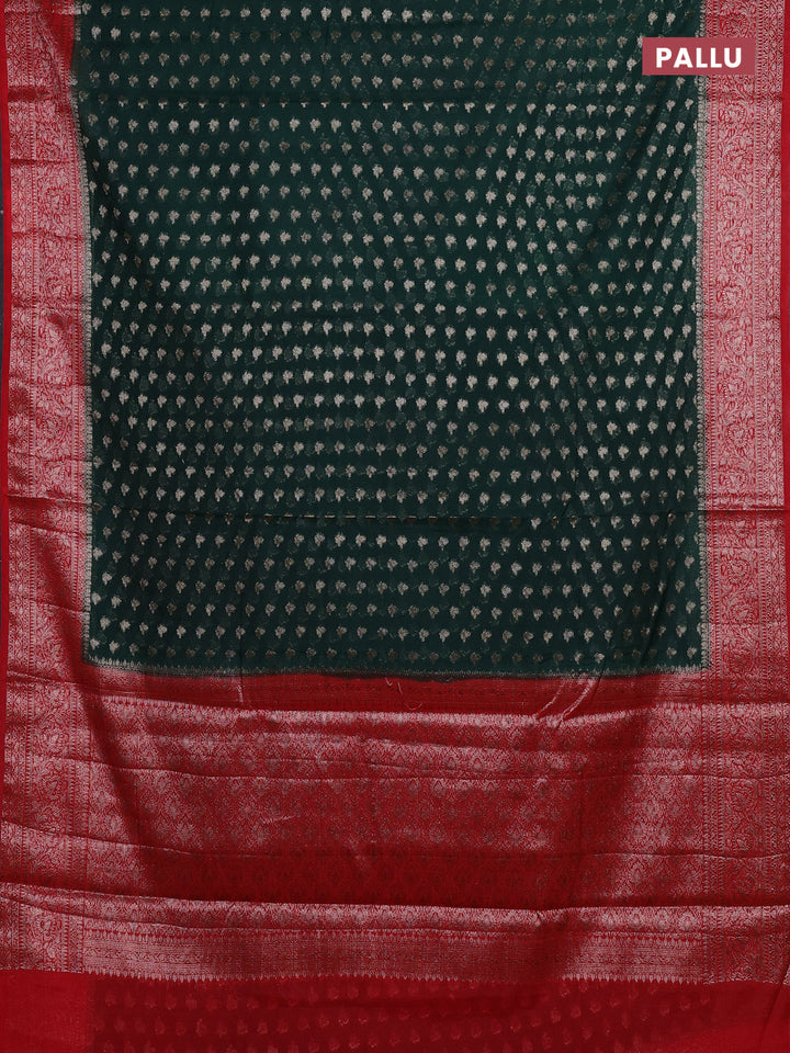Bottle Green & Red Semi Chiniya Silk Saree