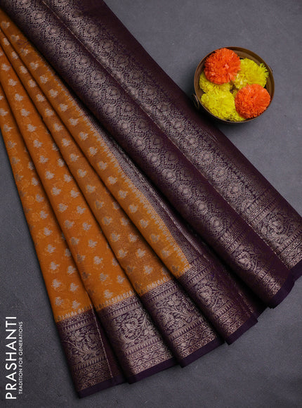 Mustard Yellow & Violet Semi Chiniya Silk Saree