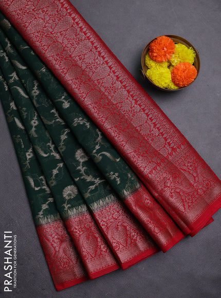 Bottle Green & Red Semi Chiniya Silk Saree