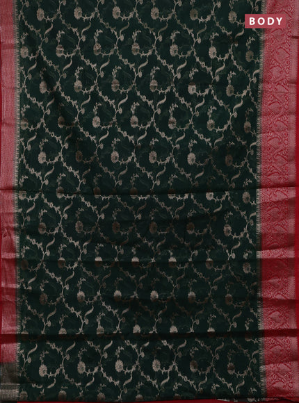 Bottle Green & Red Semi Chiniya Silk Saree