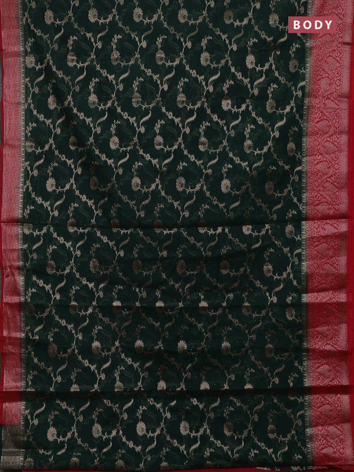 Bottle Green & Red Semi Chiniya Silk Saree