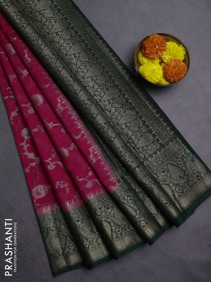 Pink & Bottle Green Semi Chiniya Silk Saree