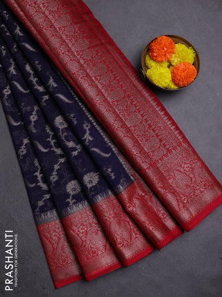 Navy Blue & Red Semi Chiniya Silk Saree