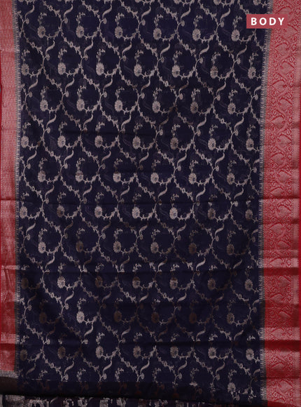 Navy Blue & Red Semi Chiniya Silk Saree