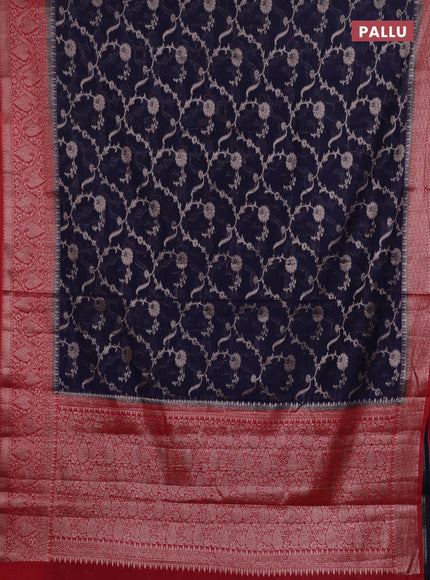 Navy Blue & Red Semi Chiniya Silk Saree