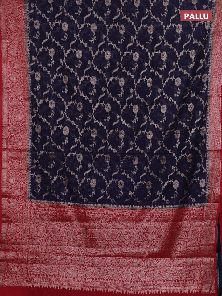 Navy Blue & Red Semi Chiniya Silk Saree