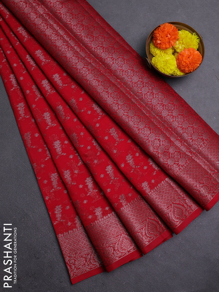 Red Semi Chiniya Silk Saree