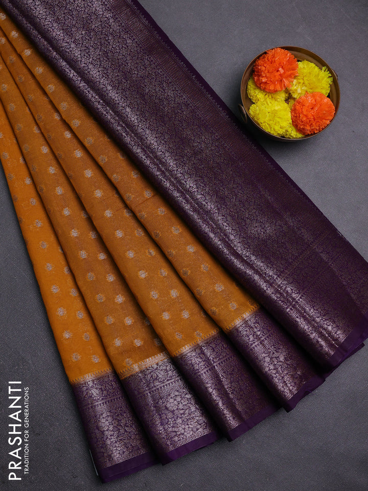 Mustard Yellow & Violet Semi Chiniya Silk Saree