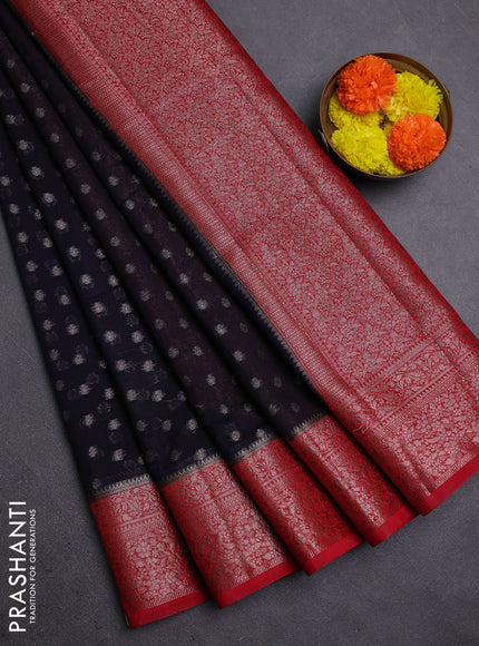 Navy Blue & Red Semi Chiniya Silk Saree