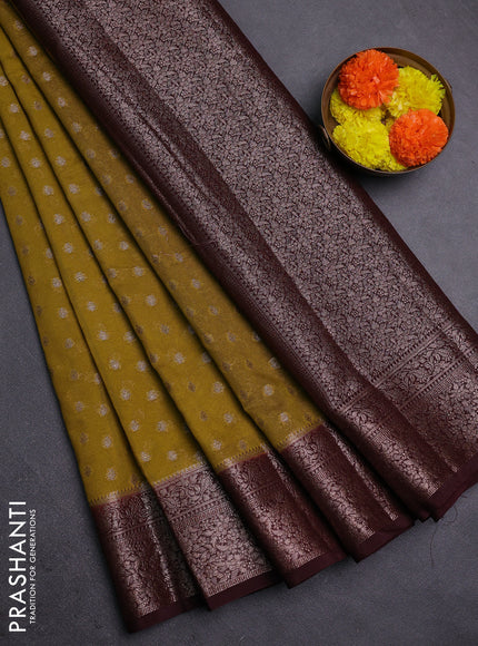Mustard Green & Brown Semi Chiniya Silk Saree