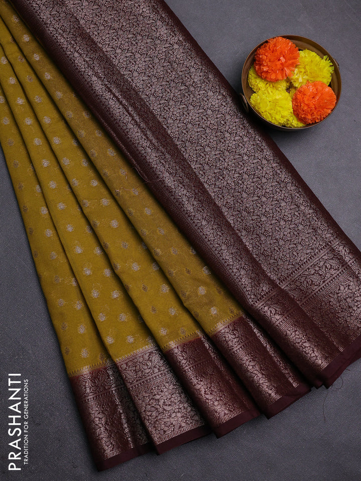 Mustard Green & Brown Semi Chiniya Silk Saree